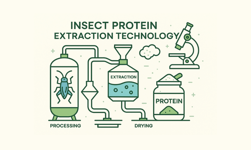 Our unique craft Cartoon illustrating the process of insect protein extraction for ChocoBug chocolate