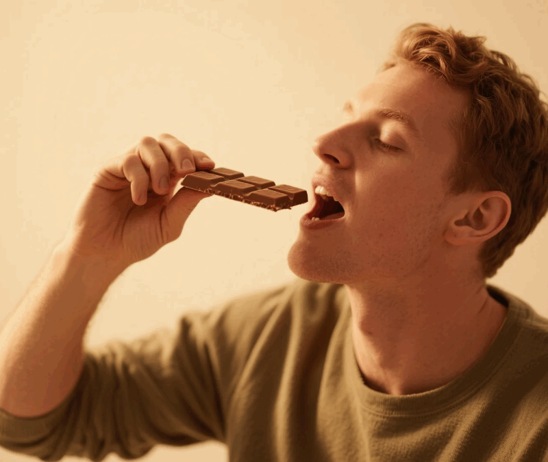 A man eating chocobug happily